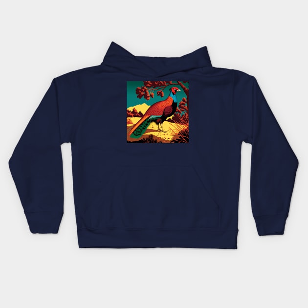 Elegant Pheasant  in red, orange, green and blue Kids Hoodie by Geminiartstudio